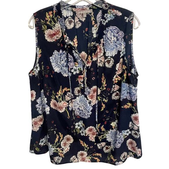 Daniel Rainn 100% Silk Navy Floral Top Womens Size 1X Tasseled Boho Tank - Picture 2 of 10